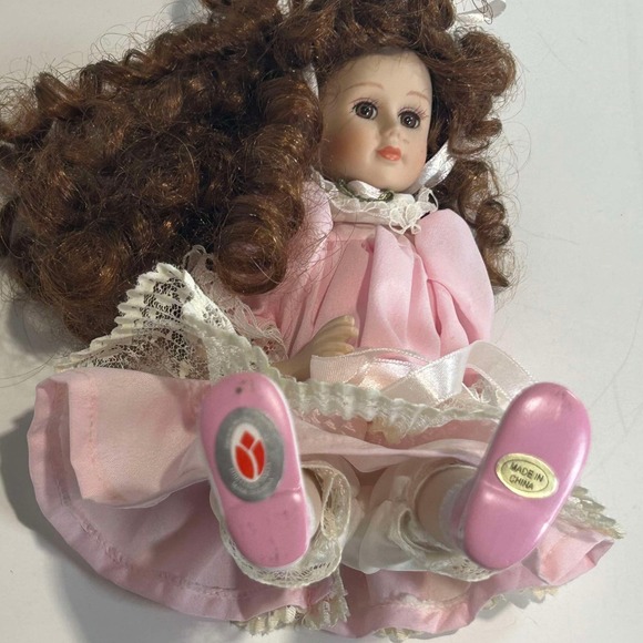porcelain doll pink dress Jmisa Handmade 14"" Collectible in with Bear" Delton Porcelain Doll Pink Dress